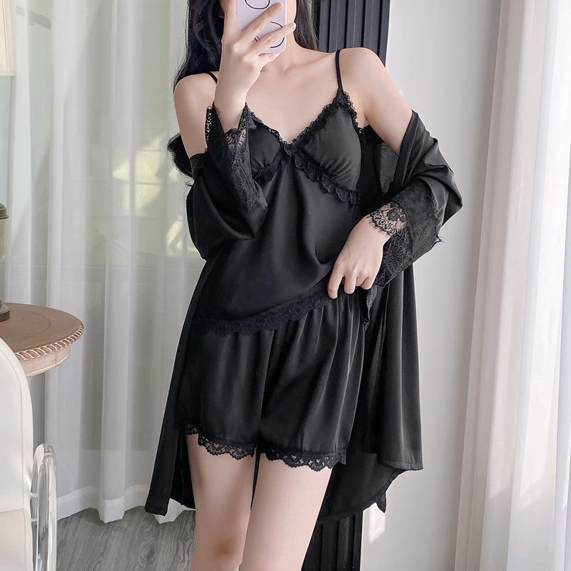 Internet Celebrity Spring and Summer Women's Pajamas New Thin Solid Color Lace Ice Silk Suspender Shorts Vest Loungewear Set
