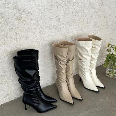 2026 Spitze Retro Mode Damenschuhe Heißer Verkauf Hoher Schaft Plissierte Damenstiefel Sehen Schlank Sexy Trendig High Heel Stiefel