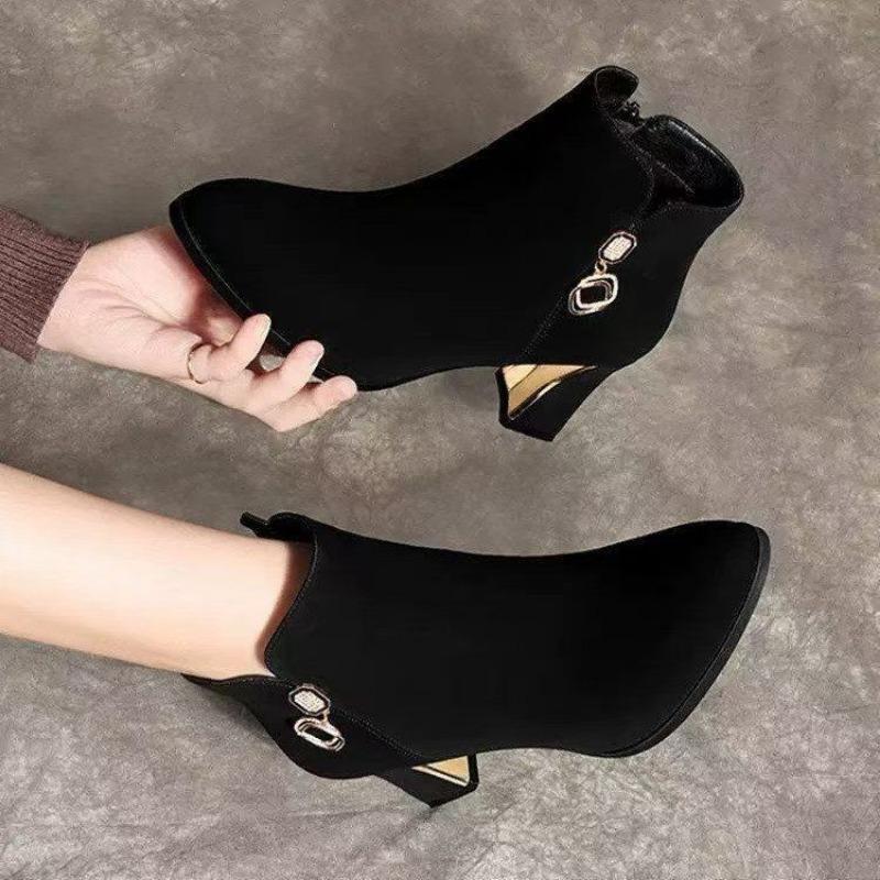 Zomšiniai trumpi aulinukai moterims rudens ir žiemos nauji temperamento aulinukai moterims vidutiniu kulnu kvadratiniu ir Martin aulinukai šoniniu užtrauktuku smailianosiai moteriški aulinukai