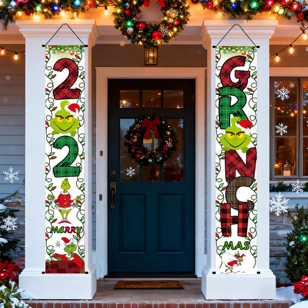 New Arrival! 30*180cm Christmas GreenGhost Couplets - Polyester,Durable& Eye-catching Design For Home & Cafe Decoration.