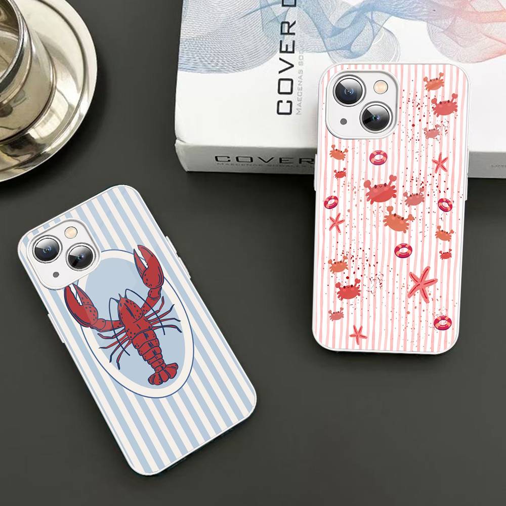 Cute Marine Life, Crabs, Lobsters Tempered Glass For Iphone 14 13 12 11 Pro Mini XS MAX 14Plus X XS XR Cover