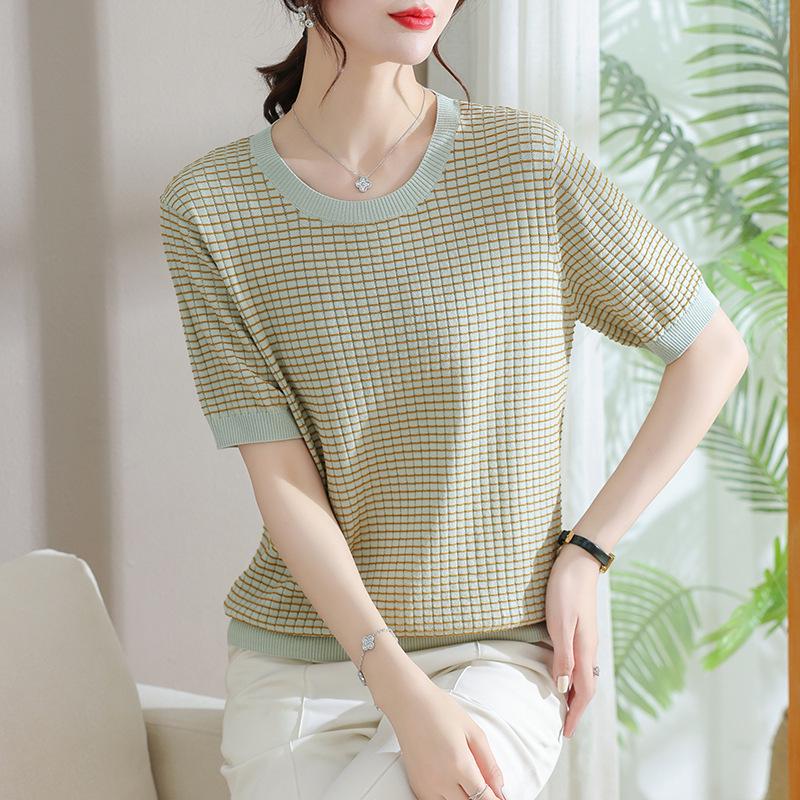 Mom's Summer Ice Silk Short-Sleeve Blouse - New Style for Mid-Aged Women, Thin, Fashionable Knit T-Shirt Top
