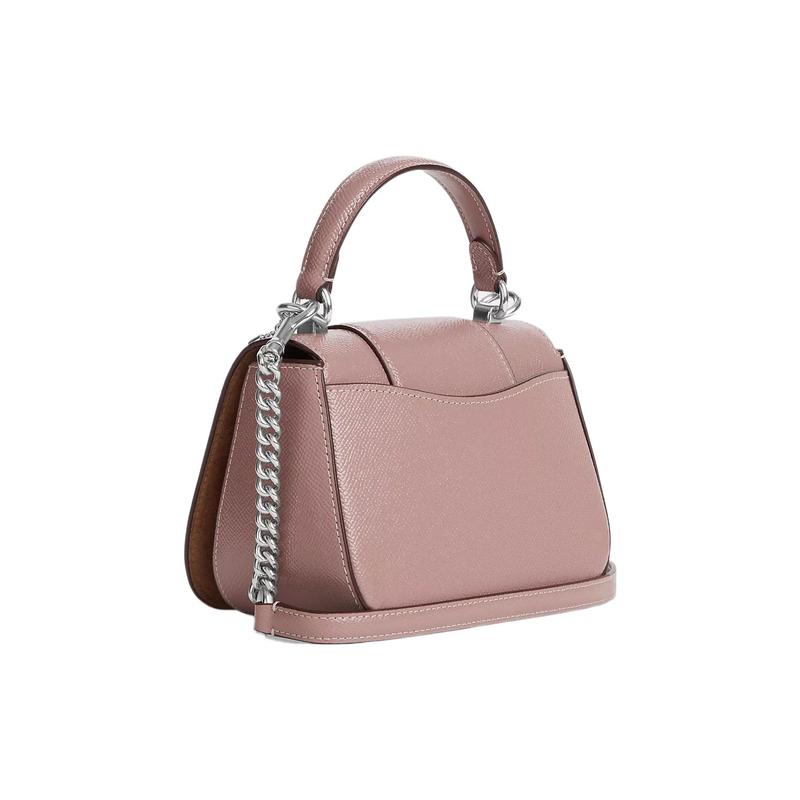 Coach Lysa 18 Silver Logo Chain Patent Cross Pattern Leather and Smooth Leather Handheld Crossbody Shoulder Bag Small Women's Dust Rose and Silver
