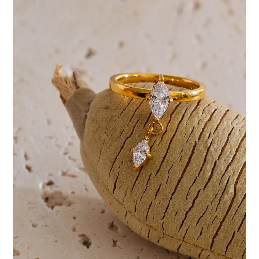 Yhpup Size 678 Stainless Steel Cubic Zirconia Rhombus Drop Ring Shiny Dainty Charming Golden Premium Jewelry Gift