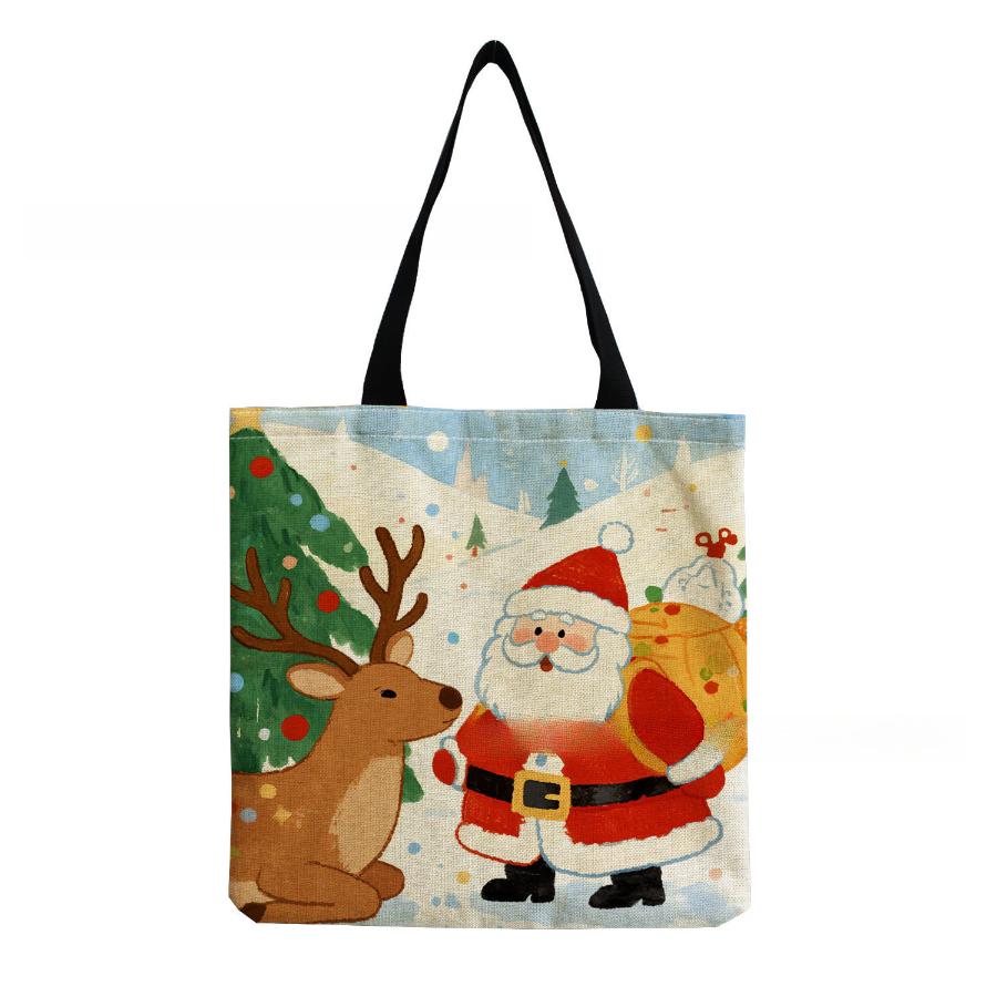 Women Vintage Linen Tote Bag - Large Capacity Christmas Print Shoulder Handbag for Casual & Grocery Shopping KTB