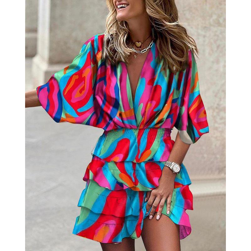 

Women Sexy Printed Dress Fashion Fashionable Batwing Sleeve V Neck Print Irregular Dress Female Color S
