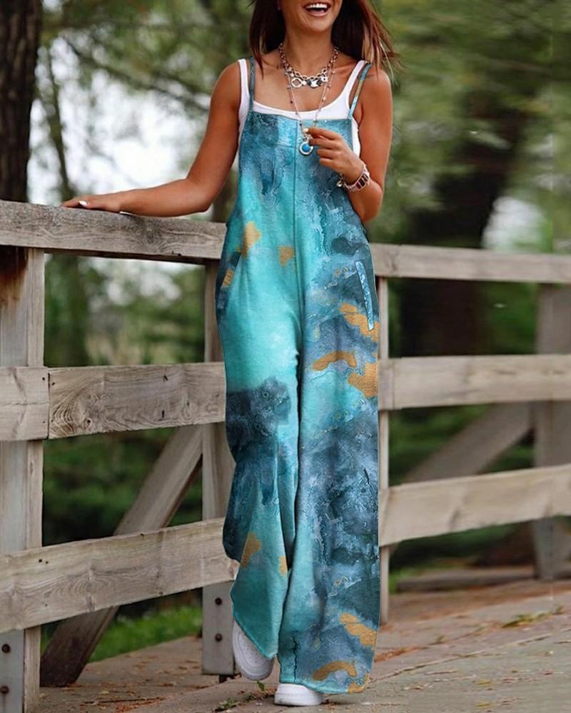 Women's Fashion Printed Camisole Pocket Wide Leg Jumpsuit