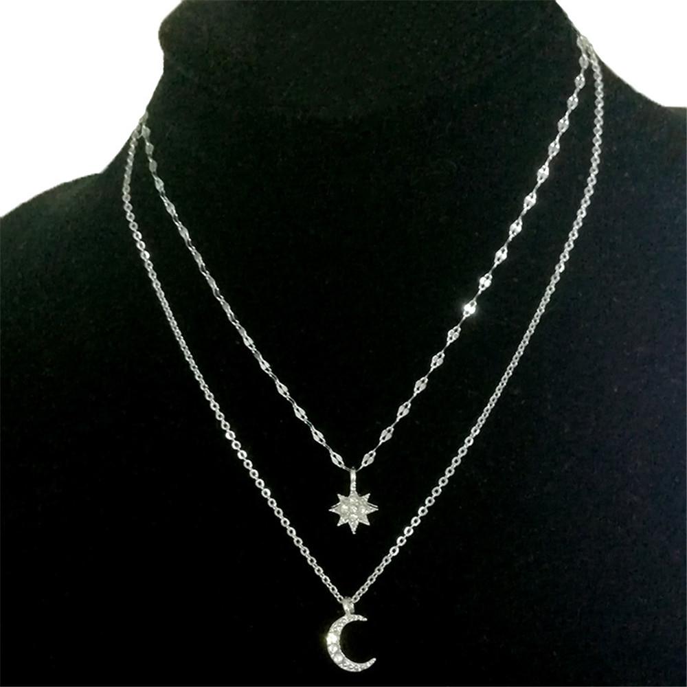 Trend Double Layer Star Moon Pendant Necklace For Women Girl Clavicle Chain Eight-pointed Star Necklace Simple Jewelry Gift