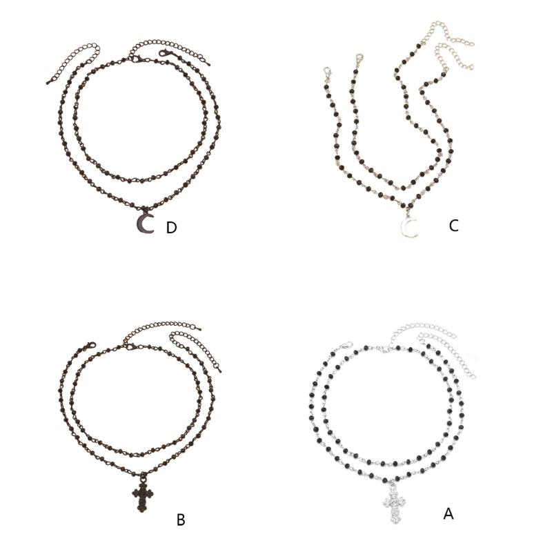 Fashionable Beaded Necklace Moon/Crucifix Pendant Collarbone Chain Elegant Double Layer Neckchain Choker Acccessory
