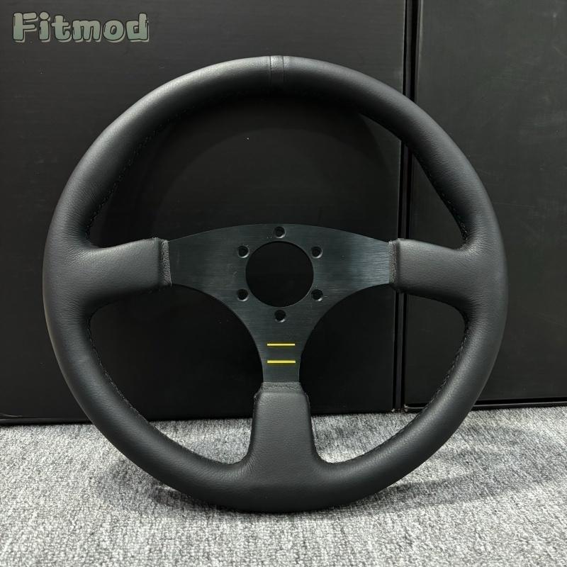 JDM 14-inch 350MM Racing Modified Leather Steering Wheel, Flat Drift Sports Game Steering Wheel PCD70MM