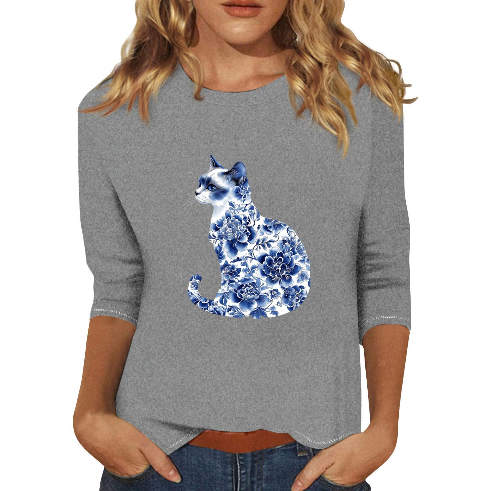 Women s Fashion Casual Three-quarter Sleeve Porcelain Print Round Neck Pullover XXXL
