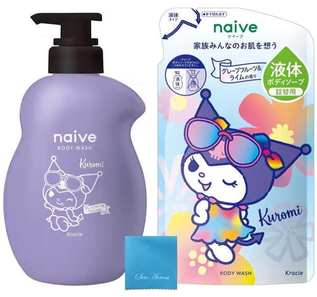 Naive Body Soap Kuromi Grapefruit & Lime Scent Pump 530mL + Refill 360mL Liquid Type + AO Smartphone Wipe Kracie