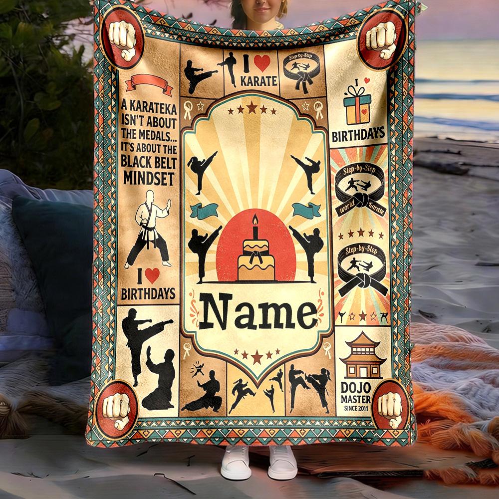 Outdoor Customize Blanket Karate Birthday Celebration Theme Comfortable Soft Lightweight Multiseasonal Use For Travel Camping Picnics Sofa Office Bed