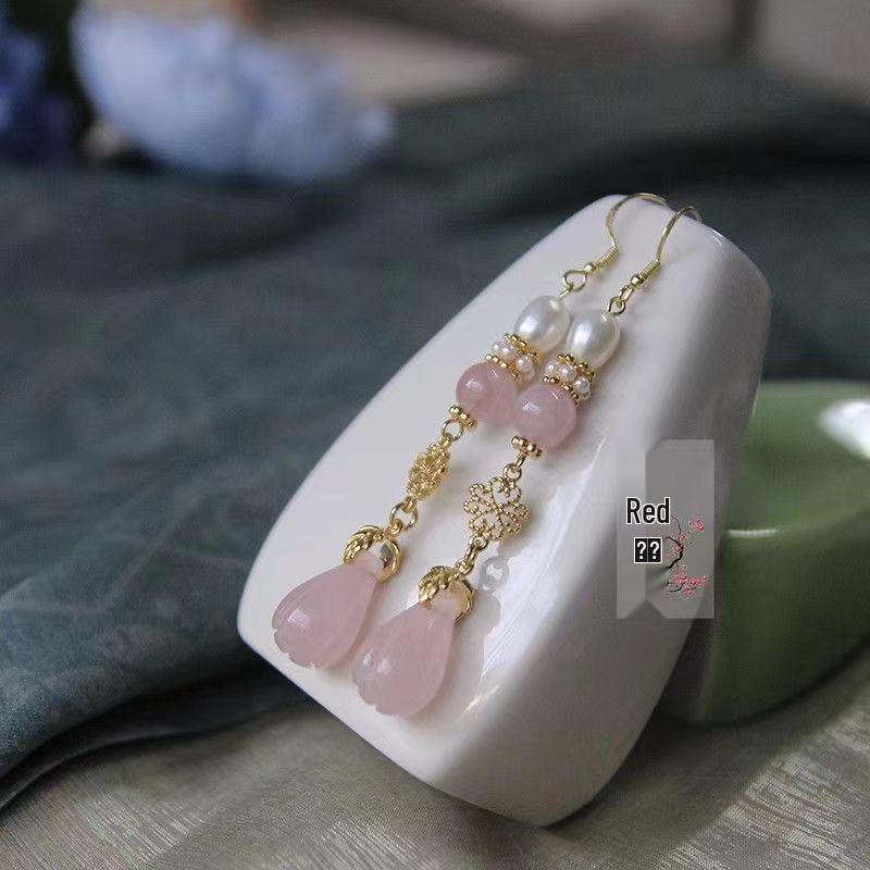 Rose Quartz Magnolia Bud Dangle Earrings - Hanfu Cheongsam Retro Style Clip-ons for Women