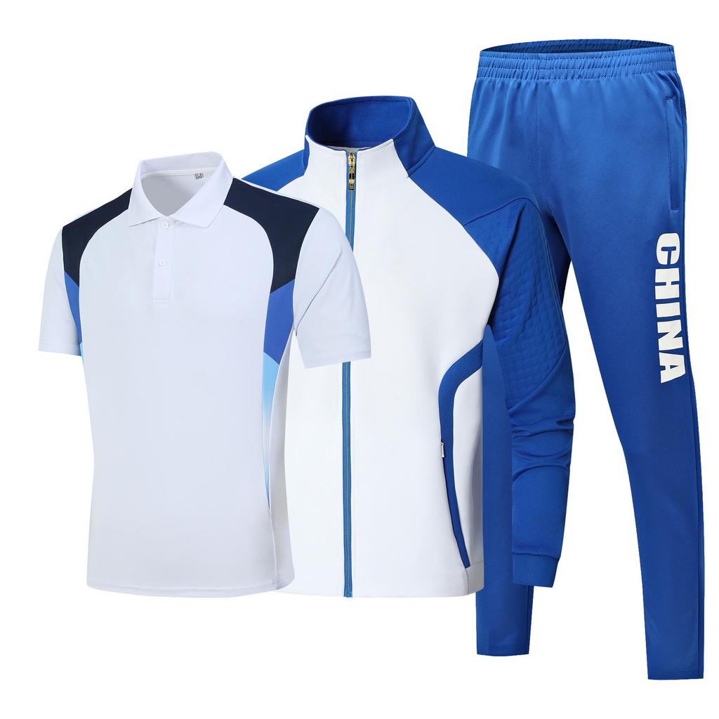 Unisex Chinese Team Casual Sports Three-Piece Set: Short Sleeve Polo, Stand Collar Top, Running Shorts.