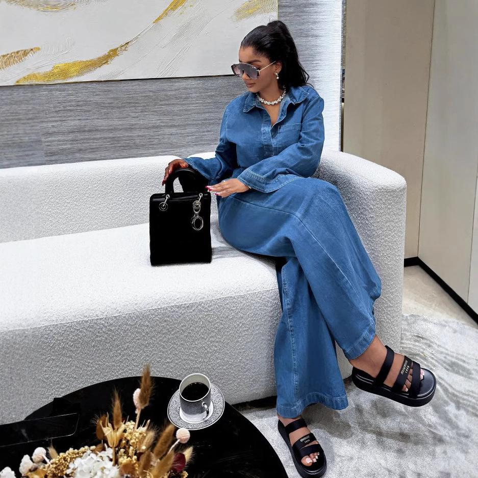 Denim Pant Set Women Two Piece Sets Matching Sets Streetwear Casual Loose Shirt Wide Leg Long Pants High Waist Y2k Mom Jeans