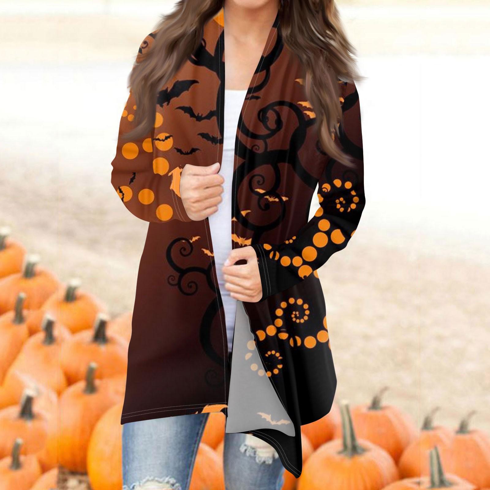 

Женская мода, повседневный кардиган с принтом на Хэллоуин, средней длины, куртка, пальто L