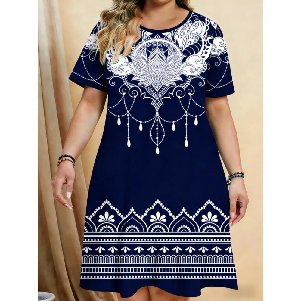 Elegant Floral Pattern Women Mini Dresses Summer Short Sleeve Printed Plus Size Casual Comfortable Soft Dress
