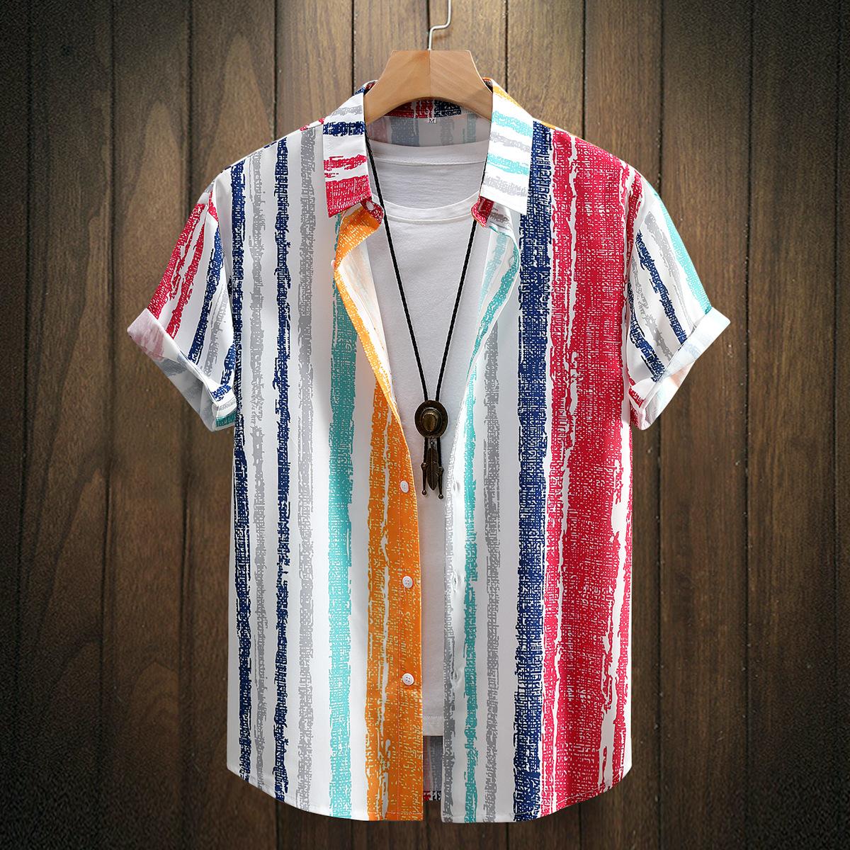 Men s Striped Color Block Short Sleeve Business Casual Shirt S