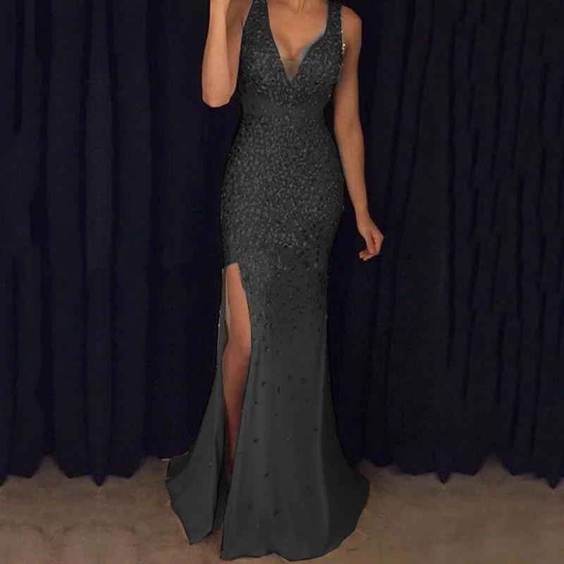 2025 Autumn/Winter European & American Slit Gold Stamping Evening Gown