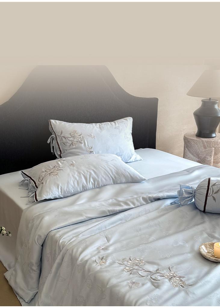 Premium 60 Thread Blue Essence Tencel Jacquard Embroidery Summer Cool Quilt Set - Blue Mist Dreams