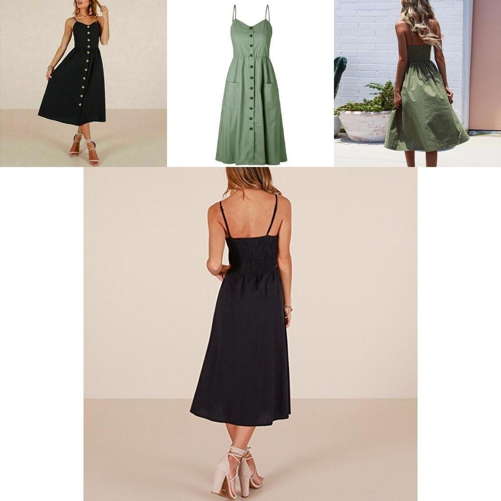 Elegante Abito Midi Estivo da Donna Boho con Spalline Sottili e Tasche a Bottone