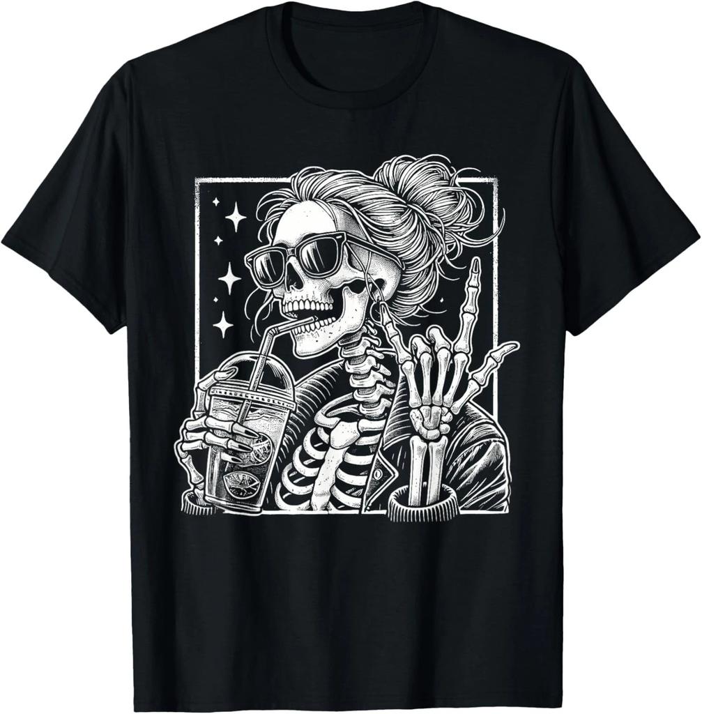 Coffee Messy Bun Hair Skeleton Mom Halloween Womens Girls T- Shirt