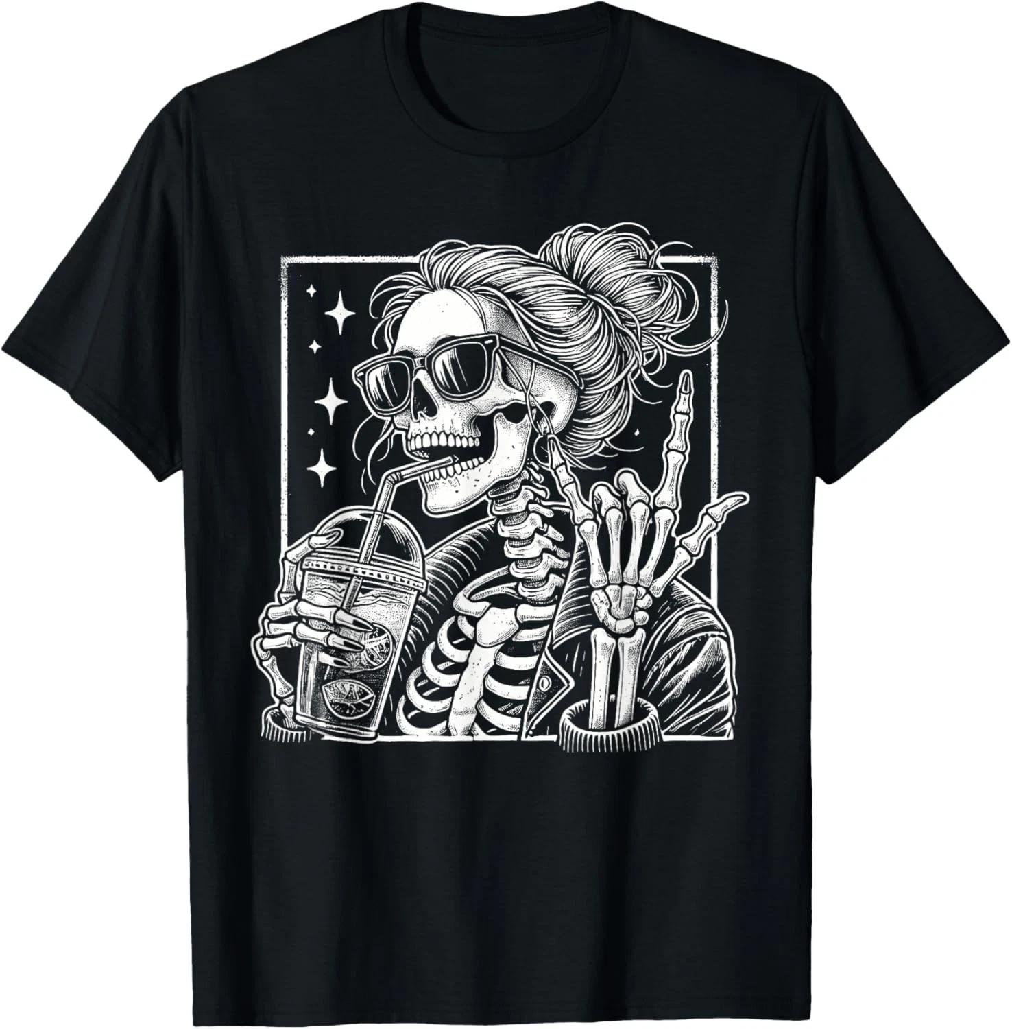 Coffee Messy Bun Hair Skeleton Mom Halloween Womens Girls T- Shirt 3XL