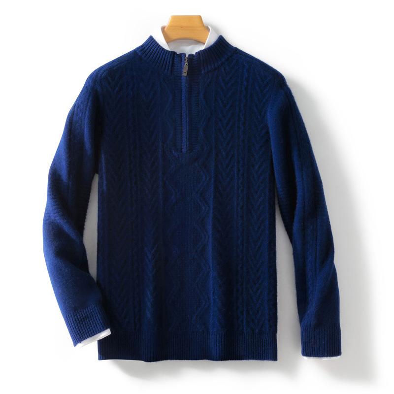 New Autumn and Winter Youth Men's Pure Wool Zipper Collar Knitted Warm Sweater Half Zipper Pullover Knitted Sweater
