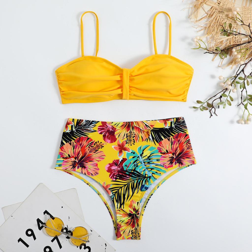 Kadın Halter Boyun Bölünmüş Bikini Retro Seksi Düz Renk Baskı Bikini Seti
