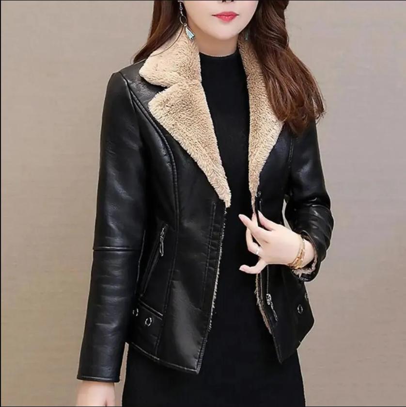 Women's Leather Jacket Turn Collar Thicken Plus Velvet Fur One Moto & Biker Female Jacket Women Winter Jacket Oversize