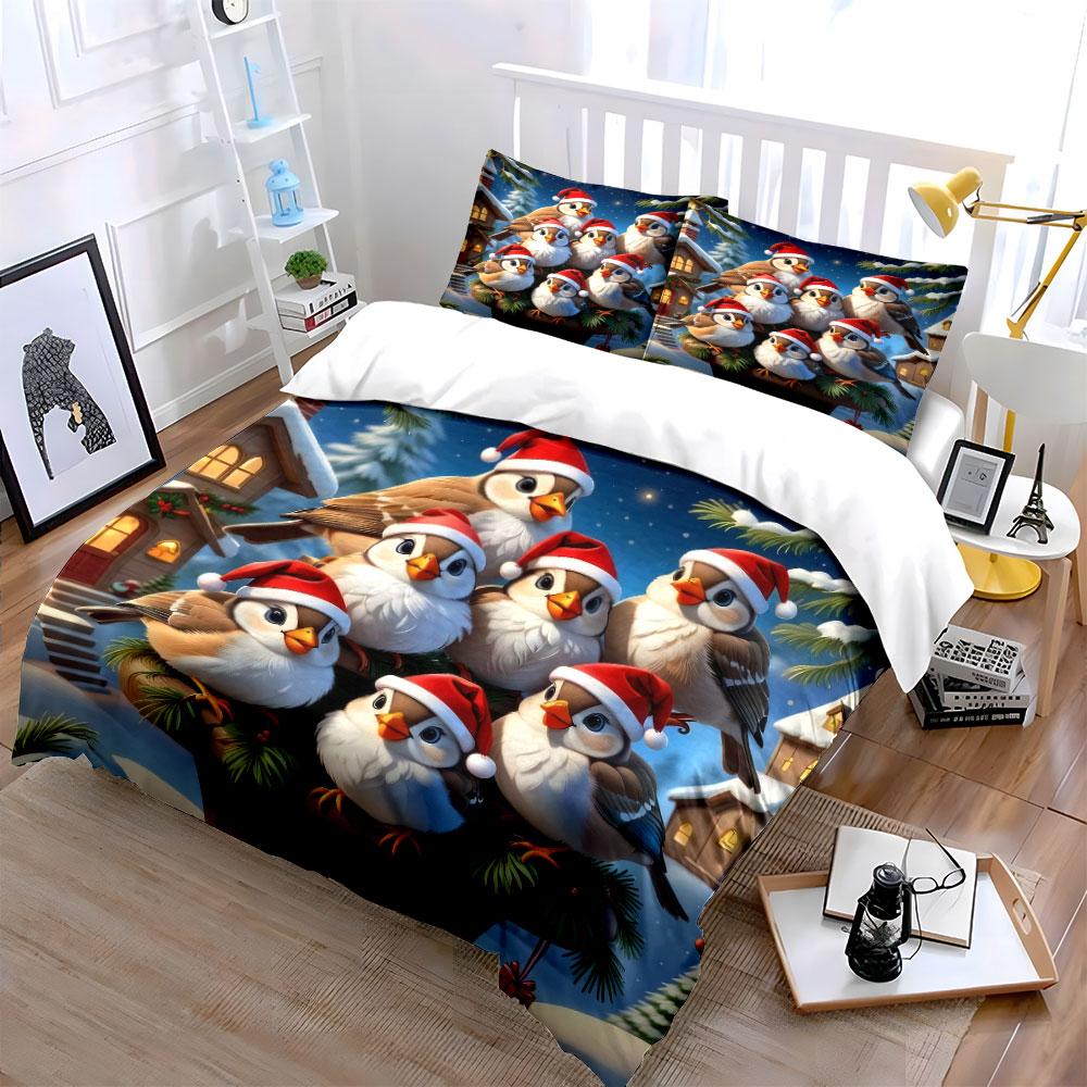 Christmas Birds in Santa Hats Bedding Duvet Cover Set  (1*Duvet Cover 2*Pillowcases, without duvet insert)