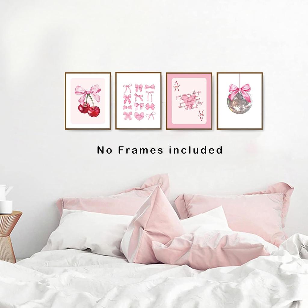 okaxscm Pink Coquette Bow Trendy Preppy Wall Art Prints Set of 4, Coquette Room Decor, Preppy Room Dorm Decor Aesthetic, Pink Bow Cherry Disco Ball