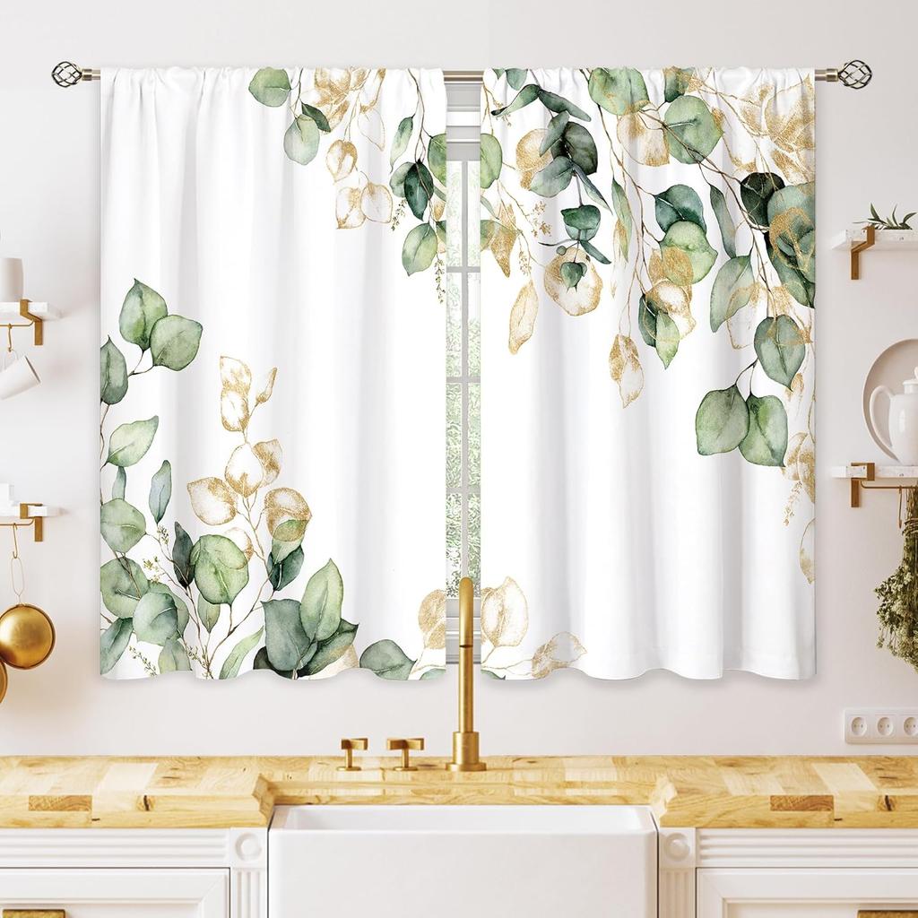 Green Boho Flower Small Kitchen Curtains Flower Plant Window Treatment Botanical Herb Chic Rod Pocket Cafe Short Window Curtains