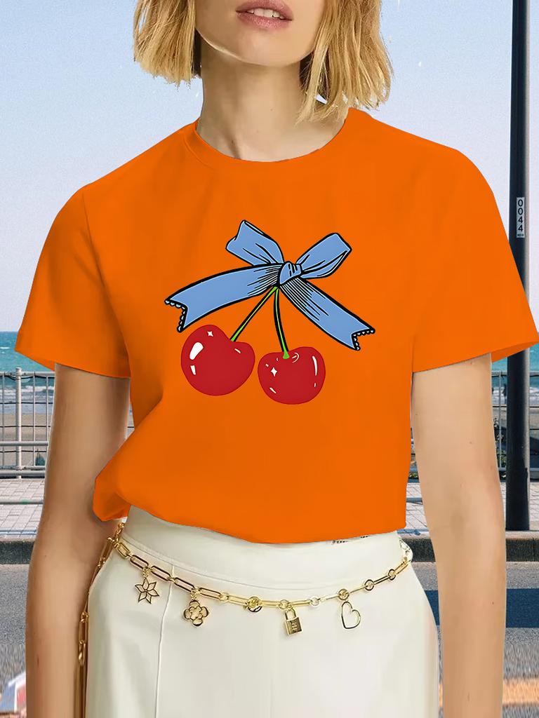 Dámské tričko plus size Originální design Módní mašlička Vzor třešní Potisk Dámské ležérní s kulatým výstřihem s krátkým rukávem
