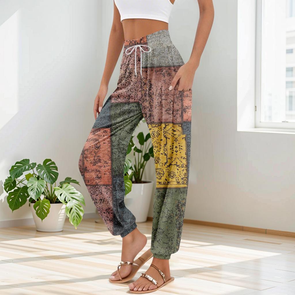 Women's Pocket Drawstring Trousers High Waist Yoga Bohemian Printed Casual Pants