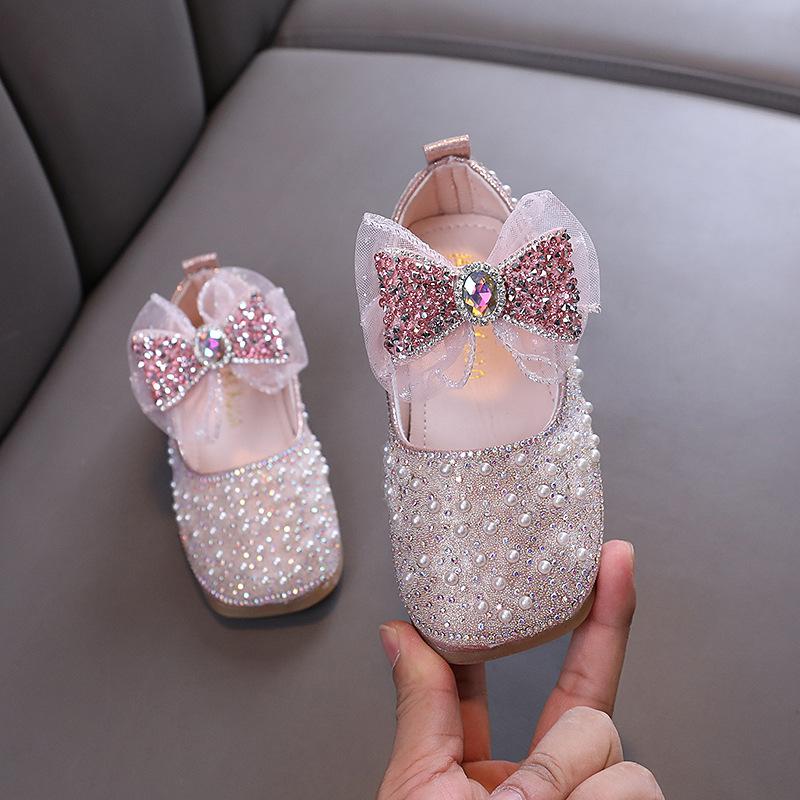 2024 Sweet Children's Leather Shoes Pearl Rhinestone Party Shoes for Baby Girl Non-slip Causal Kids Fashion Princess Flat Shoes