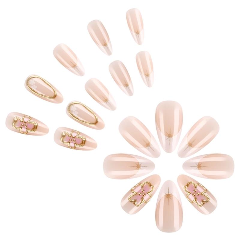 24pcs Almond Press On Nail Full Cover Stick On Nail with 3D Floral Charm Acrylic False Nail Manicure Art Decoration