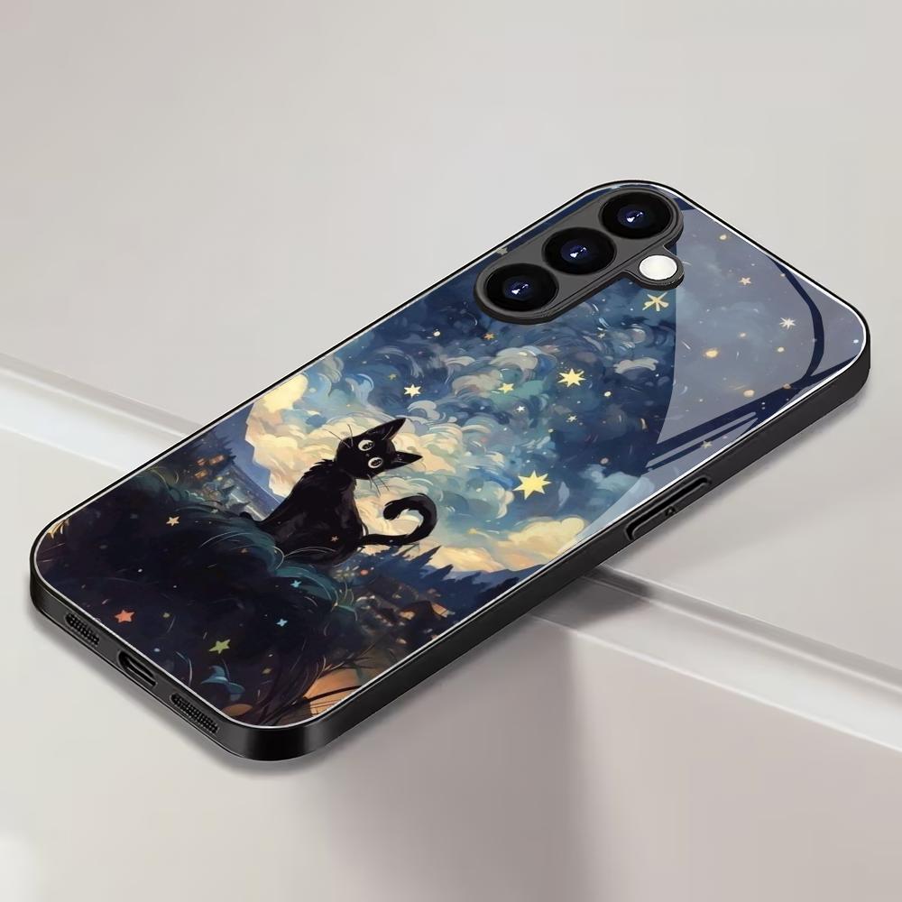 Starry Sky Black Cat Tempered Glass Phone Case Suitable for Samsung Galaxy S26 S25 S24 S22 S21 S20 FE/Ultra/Plus Anti Drop