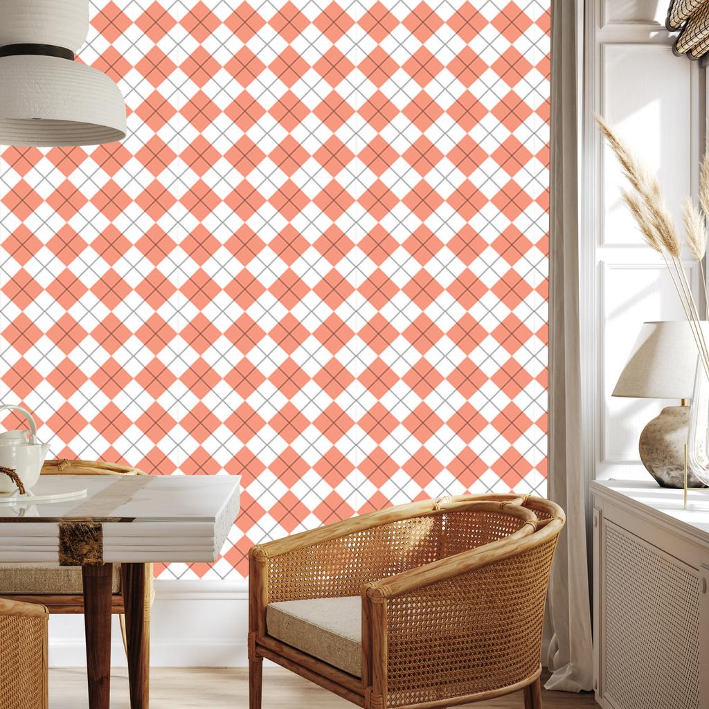 Wallpaper Basic Retro Check Coral, White, and Light Gray 50x1000
