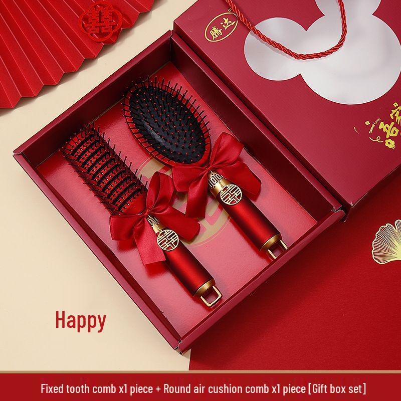 Mitgift der chinesischen Braut: Roter Luftkissen-Kamm-Set - Flauschiger Airbag, Ein Paar mit Geschenkbox für Hochzeiten
