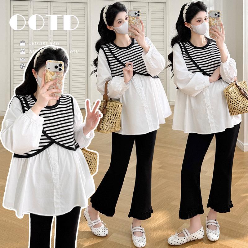 2026 Spring Maternity Patchwork Two-Piece Set: Korean Style Top & Flare Pants XXL
