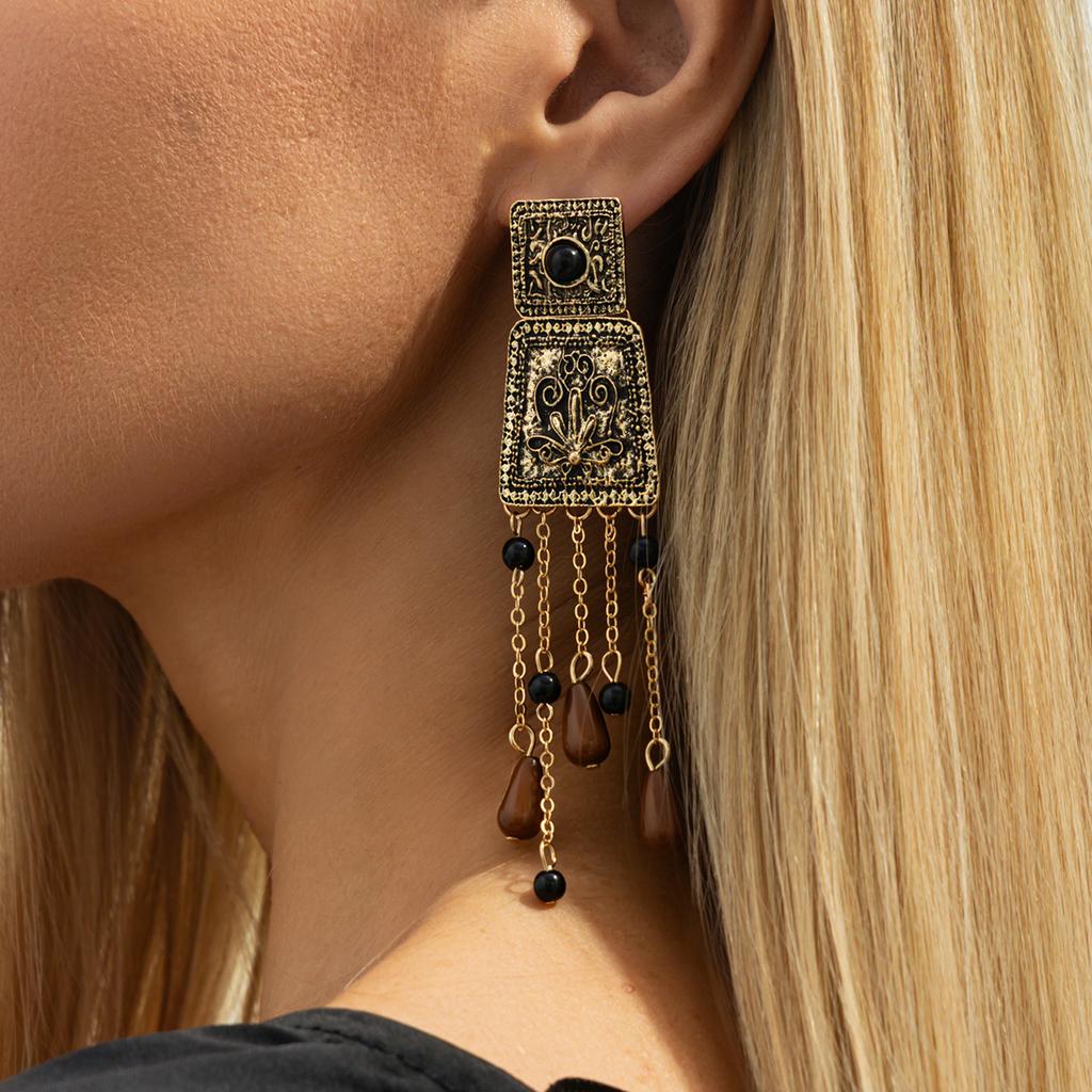 Salircon Vintage Geometric Engraved Flower Tassel Drop Earring Woman  Trendy Charm Square Metal Pendant Earring Jewelry Gift