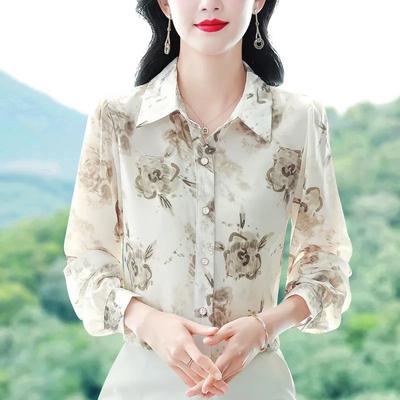Womens Floral Print Long Sleeve Chiffon Button Down Shirt