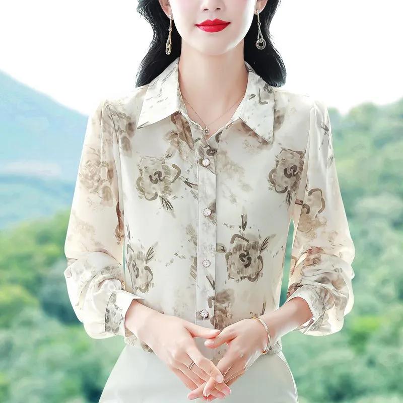 Womens Floral Print Long Sleeve Chiffon Button Down Shirt M абрикосовый