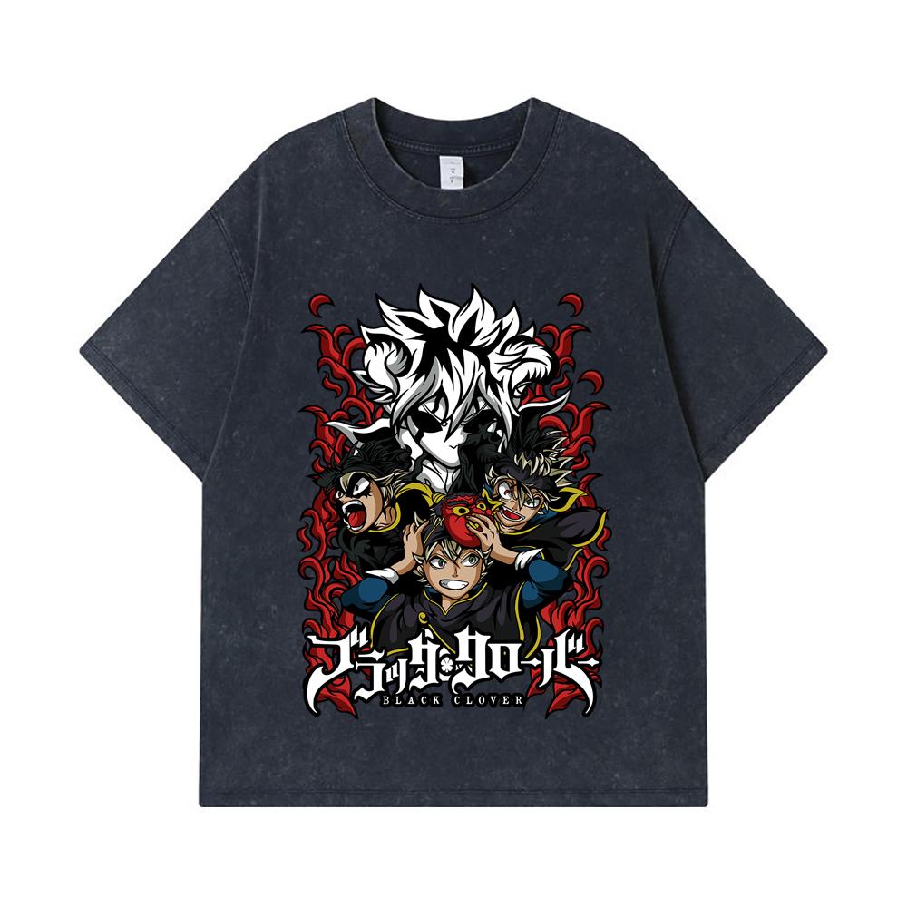 275 GSM Washed T-shirts 100% Cotton Black Clover V9 Print Unisex Heavy Cotton T Shirt