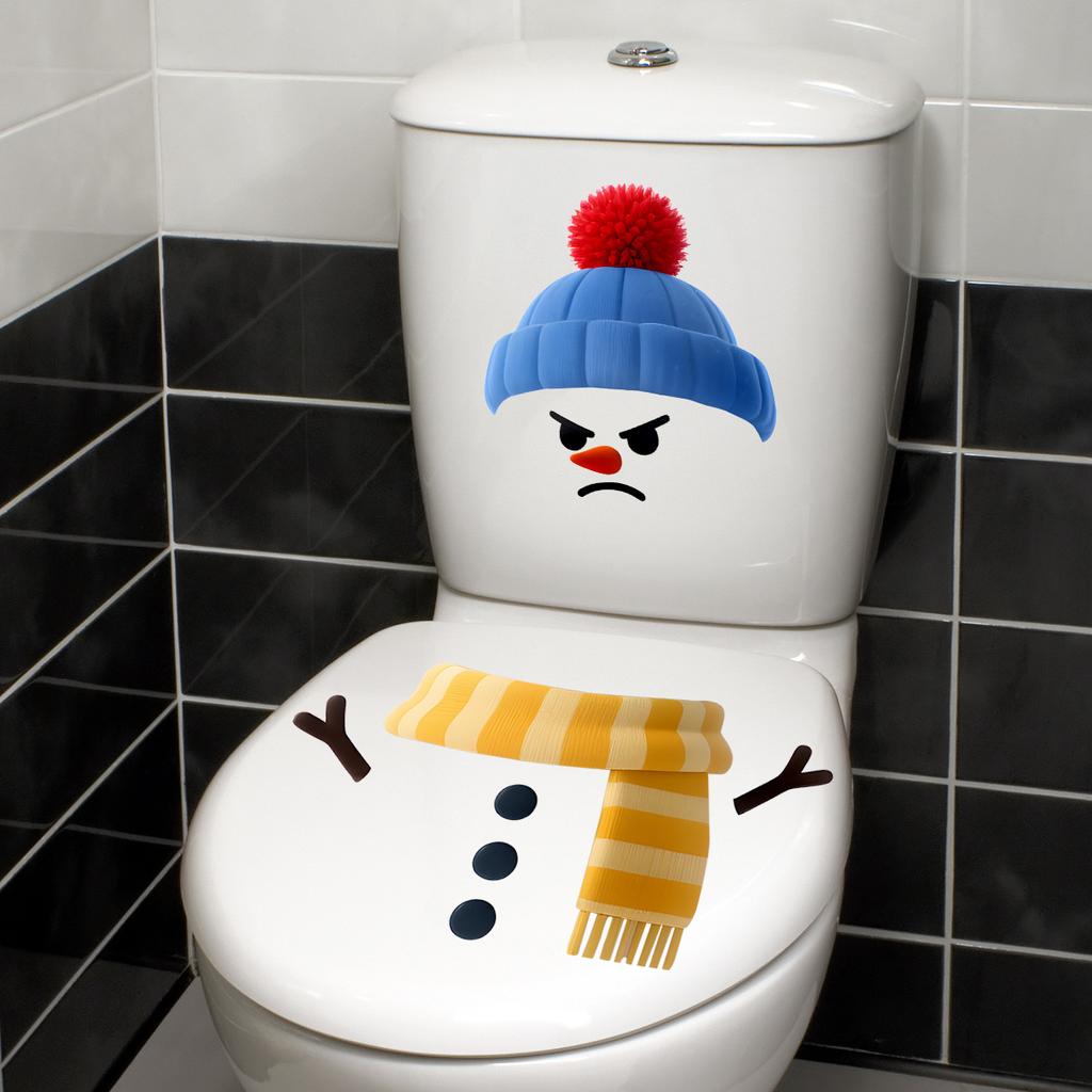 Cartoon Christmas Blue Hat Snowman Toilet Wall Stickers, Bathroom Decorative Wall Stickers