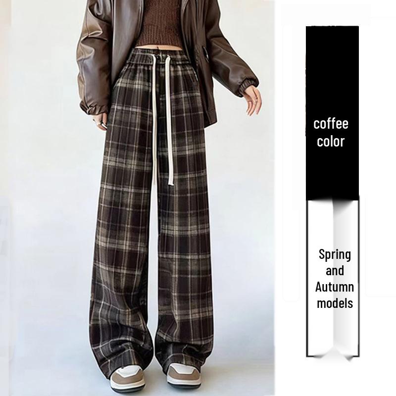 

Women s Retro Wool Flannel Wide-Leg Pants: Fleece-Lined Plaid for Autumn/Winter 2025 XL