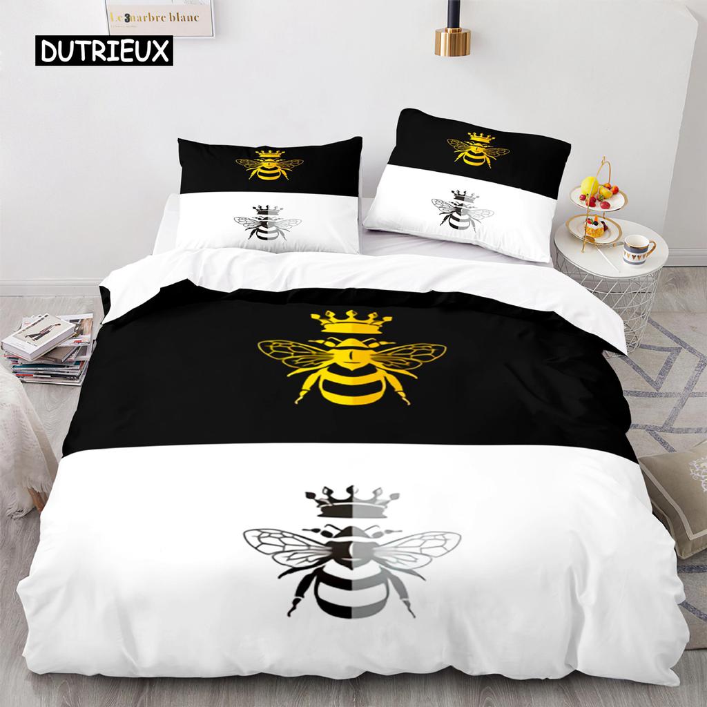 Süße Cartoon-Biene Bettbezug King Queen Honig Bettwäsche Set Kinder Jungen Mädchen Frühling Gelb Polyester Bettdeckenbezug