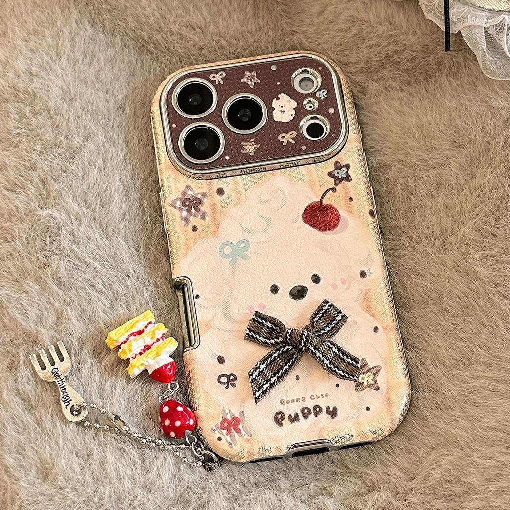 Gilded Bowknot Puppy Apple 17 Pro Max Phone Case for iPhone 16, suitable for 15 with hanging chain, 14 with leather texture, 12 set